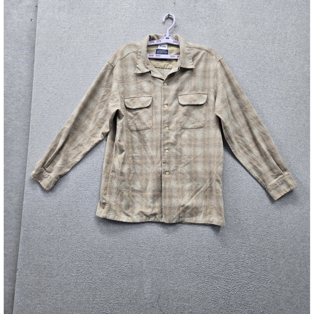 Pendleton Men Button Up Shirt L Beige Plaid Flannel Board Shirt 100% Virgin Wool